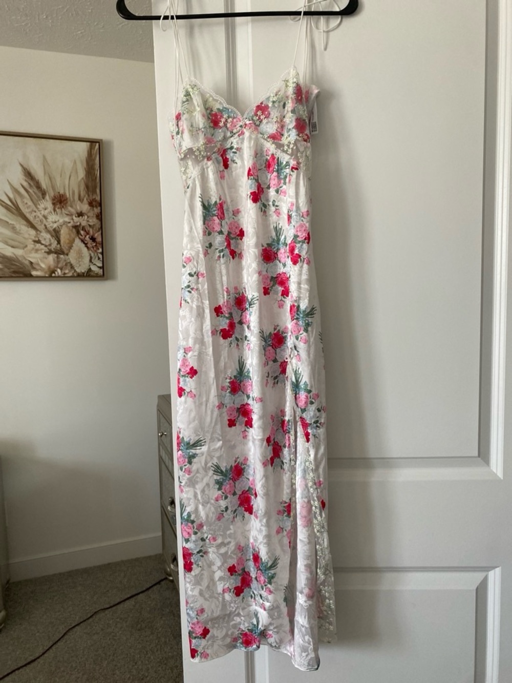 For Love & Lemons White Satin Slip Dress with Pink and Green Floral Print